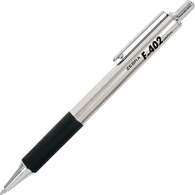 Zebra F 402 Retractable Ballpoint Pen Fine Point 0.7 mm Black Ink Metallic Black Barrel