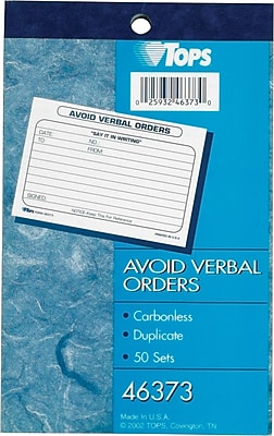 Tops Avoid Verbal Orders Carbonless Manifold Book