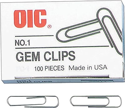 OIC Gem Clips Size 1 Regular Style .034 Gauge Silver 100 Bx