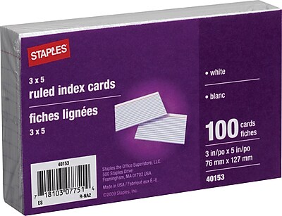 Staples Ruled 3 x 5 White Index Cards 100 Pack
