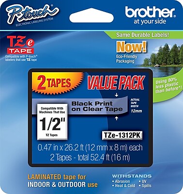 Brother TZe 1312PK 1 2 P Touch Label Tape Black Print on Clear Tape 2 Pack