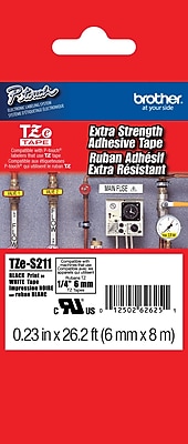 Brother TZe S211 1 4 P Touch Label Tape Black on White with Extra Strength Adhesive