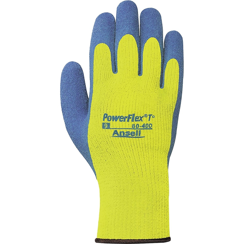 Ansell PowerFlex Coated Gloves, Natural Rubber Latex, Knit Wrist Cuff, Medium, Hi Viz Yellow