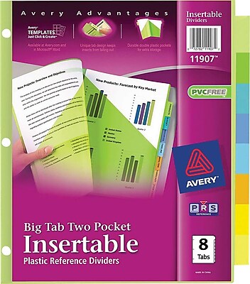 Avery Big Tab Two Pocket Insertable Plastic Divider 8 Tabs Set 11907