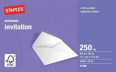 Staples® Envelopes White Invitation, 4-3/8" x 5-3/4", 250/Box - Gummed
