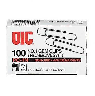 OIC Gem Paper Clips 1 Size Nonskid 100 Box