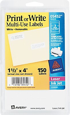 Avery 1.5 x 4 Inkjet Laser Removable Print or Write Labels White 50 Pack 05452