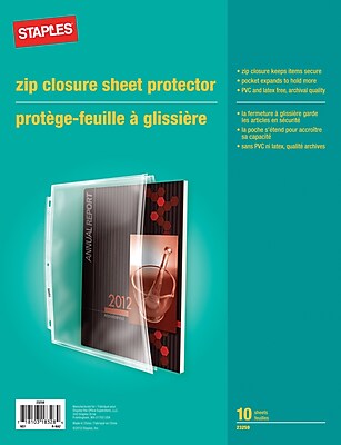 Staples Side Load Three Ring Mediumweight PVC Free Zip Closure Sheet Protectors Clear 10 Pack 23259