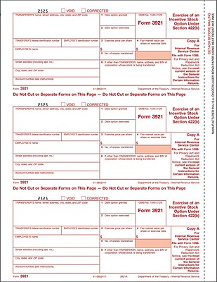 TOPS 3921 Tax Form 1 Part Federal Copy A White 8 1 2 x 11 50 Sheets Pack