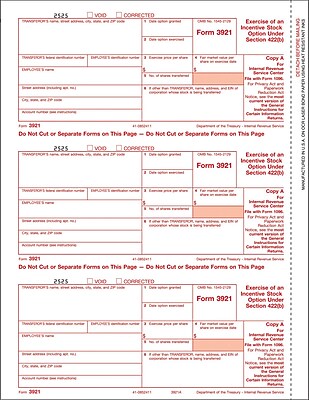 TOPS 3921 Tax Form 1 Part Federal Copy A White 8 1 2 x 11 50 Sheets Pack