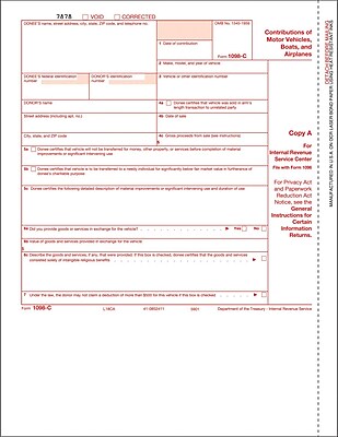 TOPS 1098C Tax Form 1 Part Federal Copy A White 8 1 2 x 11 50 Sheets Pack