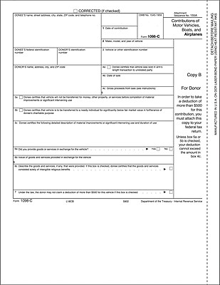 TOPS 1098C Tax Form 1 Part Donor Copy B White 8 1 2 x 11 50 Sheets Pack