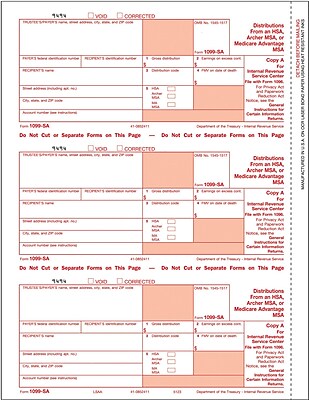 TOPS 1099SA Tax Form 1 Part Federal Copy A White 8 1 2 x 11 50 Sheets Pack