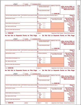TOPS 5498ESA Tax Form 1 Part Federal HSA Archer MSA or Medicare Advantage MSA Information Copy A 50 Sheets Pack