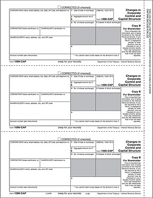 TOPS 1099CAP Tax Form 1 Part Shareholder Copy B White 8 1 2 x 11 50 Sheets Pack