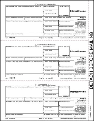 TOPS 1099INT Tax Form 1 Part Recipient Copy B White 8 1 2 x 11 50 Sheets Pack