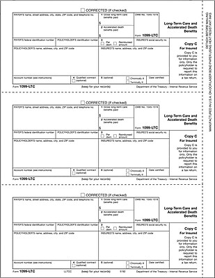 TOPS 1099LTC Tax Form 1 Part Insured Copy C White 8 1 2 x 11 50 Sheets Pack