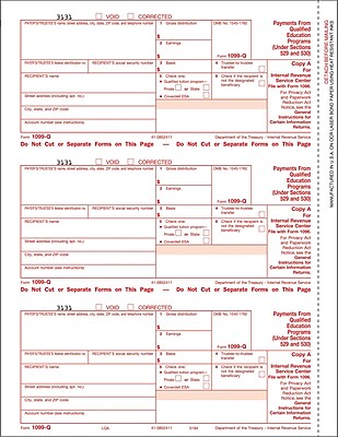 TOPS 1099Q Tax Form 1 Part Federal Copy A White 8 1 2 x 11 50 Sheets Pack