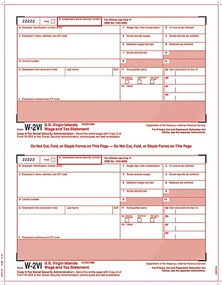 TOPS W 2 Tax Form for American Virgin Islands 1 Part Copy A White 8 1 2 x 11 50 Sheets Pack