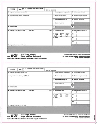 TOPS W 2 Tax Form for American Virgin Islands 1 Part Copy 1 D White 8 1 2 x 11 50 Sheets Pack