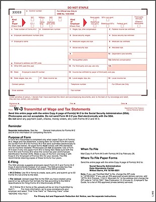 TOPS W 3 Transmittal Tax Form 1 Part White 8 1 2 x 11 50 Sheets Per Pack