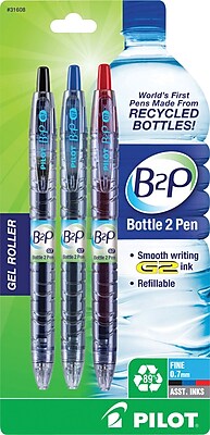 Pilot B2P Bottle 2 Pen Retractable Gel Roller Pens Fine Point Assorted 3 Pack 31608
