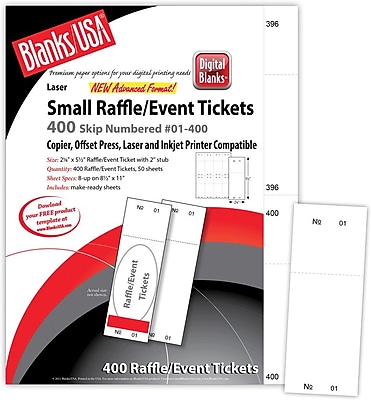 Blanks USA 2 1 8 x 5 1 2 Numbered 01 400 Digital Gloss Cover Raffle Ticket White 50 Pack