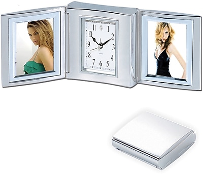 Natico Polished Silver Metal Tri Fold Alarm Clock With Double Frame