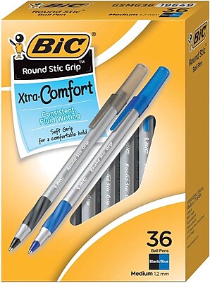 BIC Round Stic Grip Ballpoint Pens 1.2mm Medium Point Black Blue Ink 36 Pack GSMG361 AST