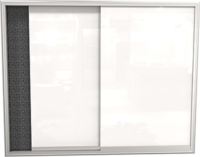 Best Rite 4 x 3 Glass Whiteboard Sliding Enclosed Bulletin Board Black Recycled Rubber Tak Panel Aluminum Frame 94SVSC 95