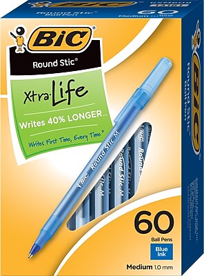 BIC® Round Stic® Ballpoint Pens, Blue Ink, Medium Point, 60/Box