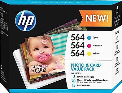 HP 564 Color C M Y Ink Cartridges w Photo and Card Value Kit J2X80AN 140 Combo 3 Pack