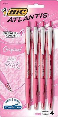 BIC Atlantis Pink Ribbon Retractable Ballpoint Pens Medium Point Pink 4 Pack