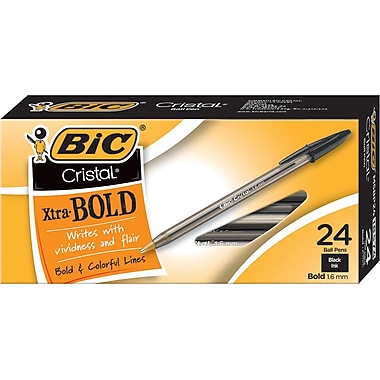 BIC® Cristal® Ballpoint Stick Pens, Bold Point, Black, 24/Box                                                                   