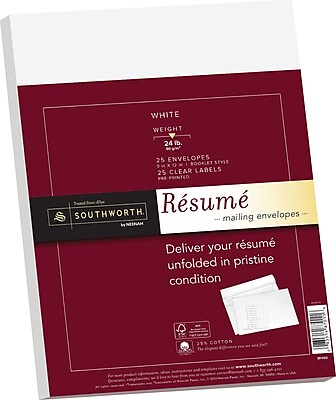 SOUTHWORTH 25% Cotton Resume Envelope 9 X 12 24 lb. Wove Finish White 25 Box