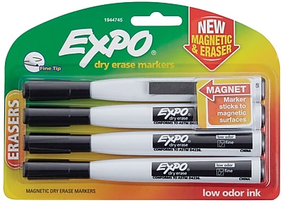 Expo Magnetic Dry Erase Markers with Eraser Fine Tip Black 4 pk 1944745