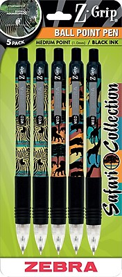 Zebra Z Grip Safari Collection Retractable Ballpoint Pens Medium Point Assorted 5 Pack