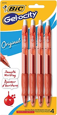 BIC Gel ocity Retractable Gel Ink Roller Pens 0.7mm Medium Point Red 4 Pack RLCP41RED