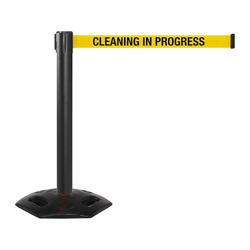 Queue Solutions WeatherMaster 300 2" Black Nylon Crowd Control Belt Barrier, Yellow - CLEANING IN PROGRESS (WMR300B-YBCIP110)
