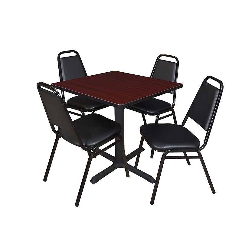 Regency Cain 30" Square Breakroom Table, Mahogany & 4 Restaurant Stack Chairs, Black (TB3030MH29BK)