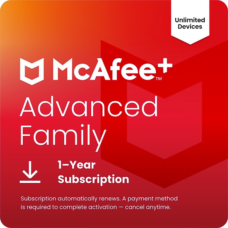 McAfee+ Advanced Family for Unlimited Users, Windows/Mac/Android/iOS/ChromeOS, Download (MPA41ESTURAFD)