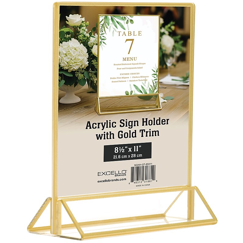 Excello Brands 8.5" x 11" Poster Holder, Vertical, Desktop/Countertop, Acrylic, Gold (SGNH-GT-85X11)