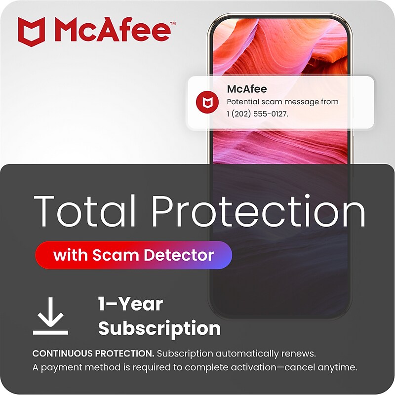 McAfee Total Protection with Scam Detector for 1 Device with Auto-Renewal, Android, iOS, Windows, Apple, Product Key Card