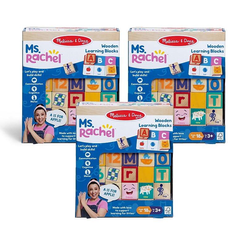 Melissa & Doug Ms. Rachel Wooden Learning Blocks with Activity Cards, Multicolored, 3/Pack (51062-CASE)