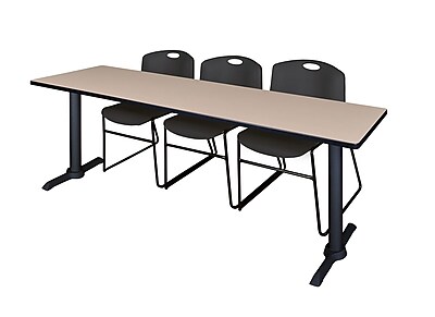 Regency Cain 84 x 24 Training Table Beige and 3 Zeng Stack Chairs Black MTRCT8424BE44BK