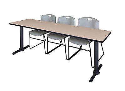 Regency Cain 84 x 24 Training Table Beige and 3 Zeng Stack Chairs Grey MTRCT8424BE44GY