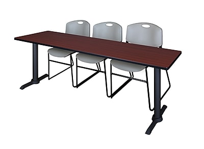 Regency Cain 84 x 24 Training Table Mahogany and 3 Zeng Stack Chairs Grey MTRCT8424MH44GY