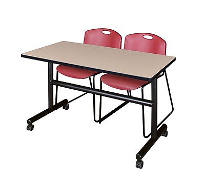 Regency Kobe 48 Flip Top Mobile Training Table Beige and 2 Zeng Stack Chairs Burgundy MKFT4824BE44BY