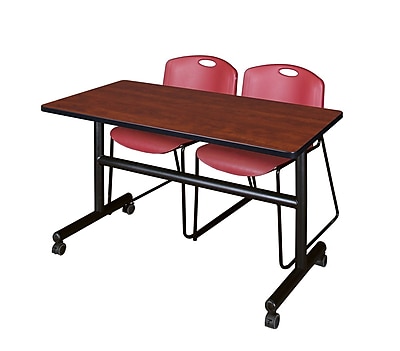 Regency Kobe 48 Flip Top Mobile Training Table Cherry and 2 Zeng Stack Chairs Burgundy MKFT4824CH44BY