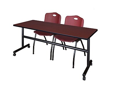 Regency Kobe 72 Flip Top Mobile Training Table Mahogany and 2 M Stack Chairs Burgundy MKFT7224MH47BY